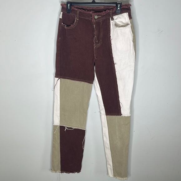 SHEIN Patchwork Burgundy White Tan Denim Distressed Hem Pants Size Medium - Picture 1 of 8